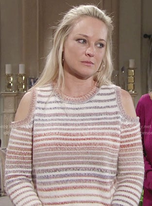 Sharon’s striped cold-shoulder sweater on The Young and the Restless