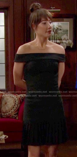 Steffy’s black pinstriped off-shoulder dress on The Bold and the Beautiful