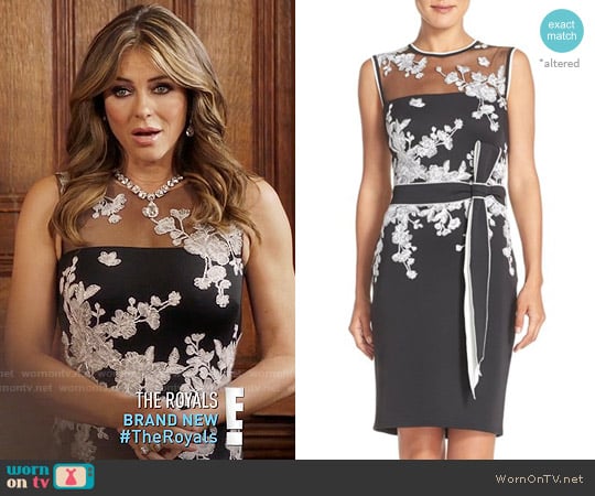 Tadashi Shoji Belted Embroidered Scuba Sheath Dress worn by Queen Helena (Elizabeth Hurley) on The Royals