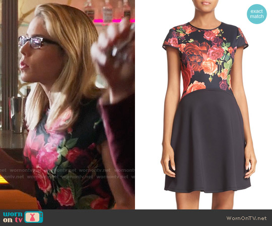 Ted Baker Xylee Juxtapose Rose Skater Dress worn by Felicity Smoak (Emily Bett Rickards) on Arrow