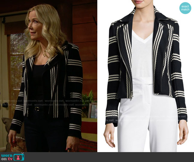 Veronica Beard Bailey Stripe Knit Moto Jacket worn by Brooke Logan (Katherine Kelly Lang) on The Bold and the Beautiful