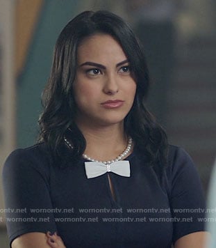 Veronica’s navy dress with white bow on Riverdale