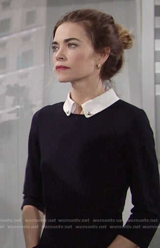 Victoria’s navy dress with front pockets and white collar on The Young and the Restless