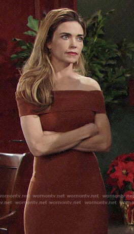 Victoria's orange ribbed off-shoulder dress on The Young and the Restless