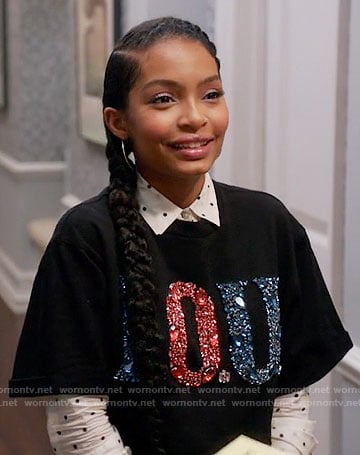 Zoey’s black embellished I.O.U. top on Black-ish