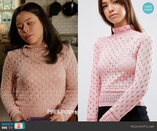 ASOS Sweater In Pointelle With Ruffle Neck Detail worn by Mariana Foster (Cierra Ramirez) on The Fosters