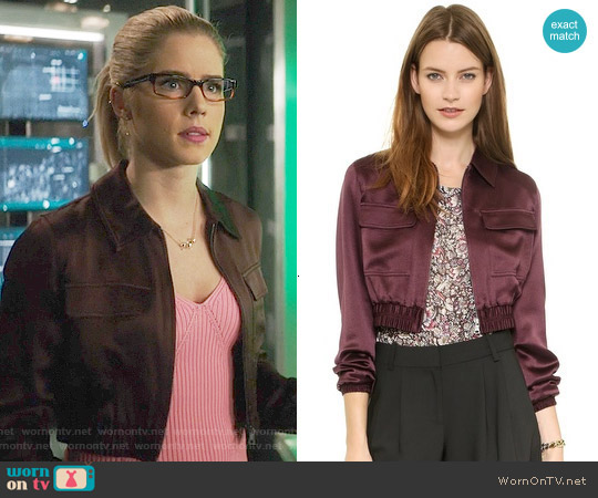 Club Monaco Seraphina Cropped Bomber Jacket worn by Felicity Smoak (Emily Bett Rickards) on Arrow