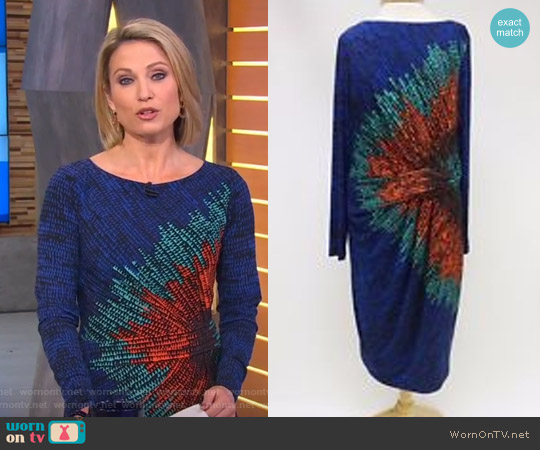 Blue Multi Print Pleated Detail Sheath Dress by David Meister worn by Amy Robach on Good Morning America