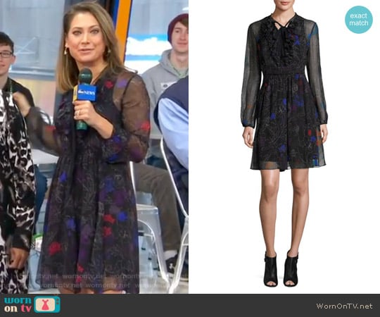 Desi Tie-Neck Floral Silk Chiffon Dress by Elie Tahari worn by Ginger Zee on Good Morning America