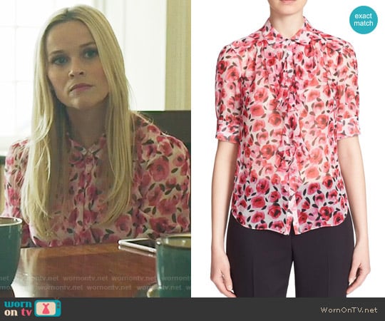 Kate Spade Rose Print Ruffle Silk Shirt worn by Madeline Martha Mackenzie (Reese Witherspoon) on Big Little Lies