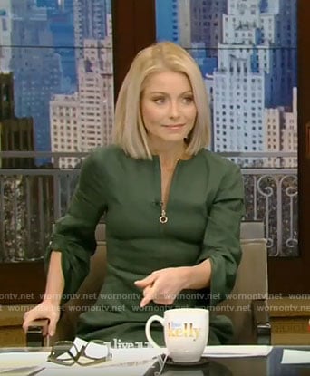 Kelly’s green zip front dress with gathered sleeves on Live with Kelly