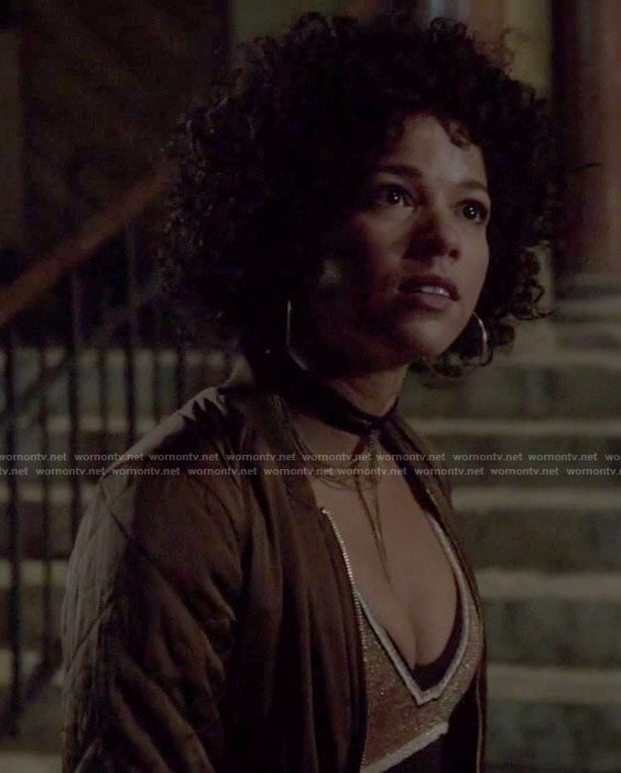 Maia's brown bomber jacket and v neck sweater on Shadowhunters