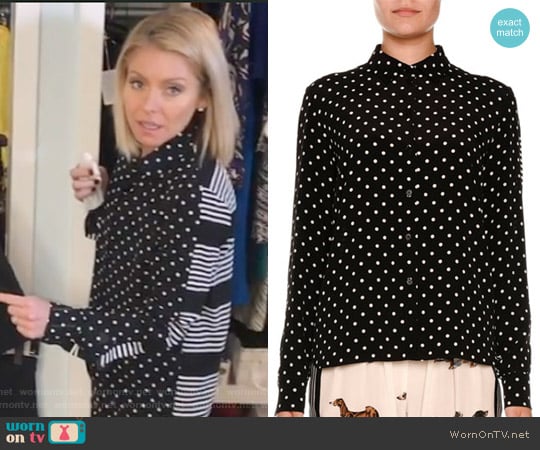 Polka-Dot Silk Blouse w/Striped Back by Stella McCartney worn by Kelly Ripa on Live with Kelly and Mark