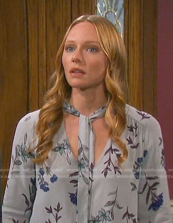 Abby’s grey floral tie-neck blouse on Days of our Lives