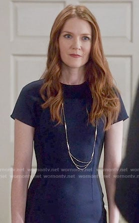 Abby's navy short sleeve sheath dress on Scandal