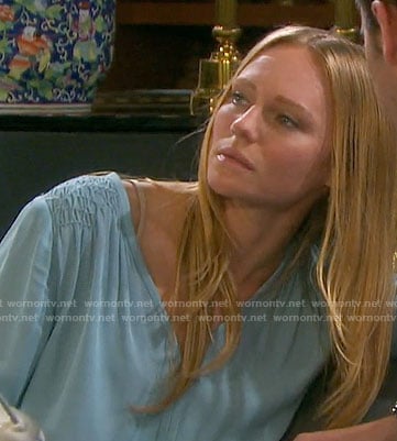 Abigail’s blue blouse with smocked shoulders on Days of our Lives