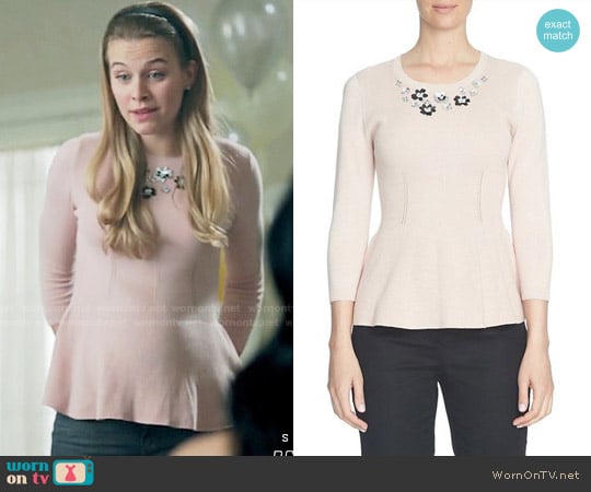 Cece Embellished Neck Peplum Sweater worn by Polly Cooper (Tiera Skovbye) on Riverdale