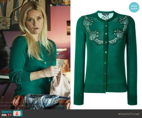 Dolce & Gabbana Green Lace Detail Cardigan worn by Madeline Martha Mackenzie (Reese Witherspoon) on Big Little Lies