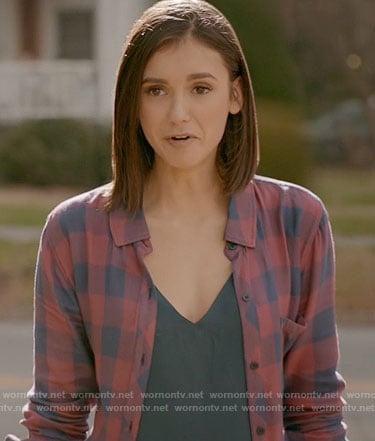 Elena's blue and pink checked shirt on The Vampire Diaries