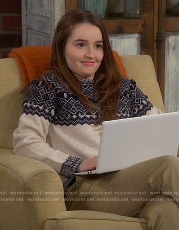 Eve's cream and blue fair isle sweater with tassels on Last Man Standing