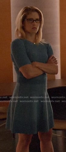 Felicity’s blue ribbed top and skirt on Arrow