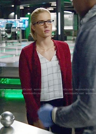 Felicity’s white checked v-neck top and red tweed jacket on Arrow