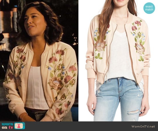 Glamorous Floral Embroidered Bomber Jacket worn by Jane Villanueva (Gina Rodriguez) on Jane the Virgin