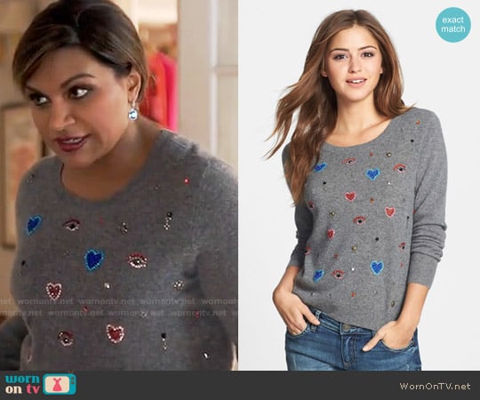 Halogen Jewel Embellished Cashmere Sweater worn by Mindy Lahiri (Mindy Kaling) on The Mindy Project