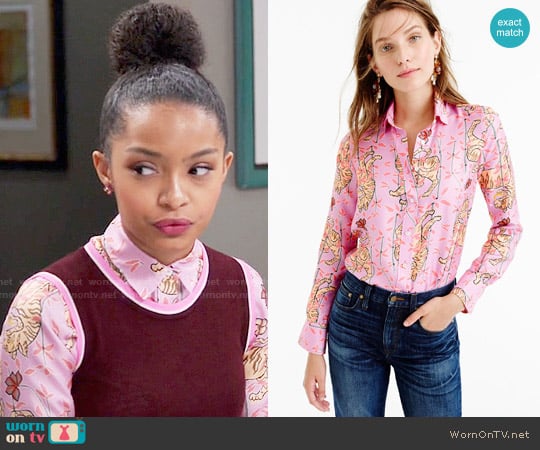 J. Crew Perfect Shirt in Pink Bengal Tiger worn by Zoey Johnson (Yara Shahidi) on Black-ish