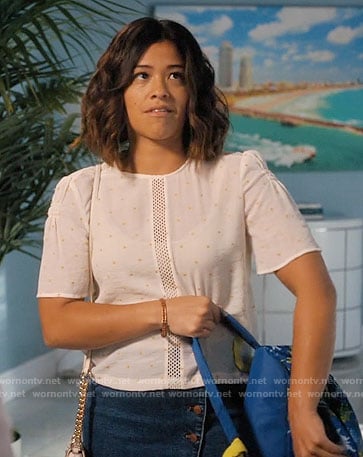 Jane’s white and yellow embroidered top with mesh panel on Jane the Virgin