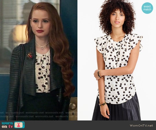 J. Crew Flutter-sleeve top in cherry print worn by Cheryl Blossom (Madelaine Petsch) on Riverdale