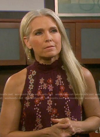 Jennifer’s burgundy floral embroidered top on Days of our Lives