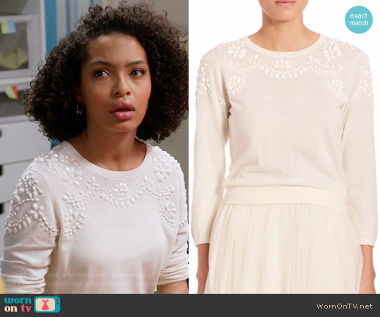 Jenny Yoo Millie Embellished Sweater in Ivory worn by Zoey Johnson (Yara Shahidi) on Black-ish