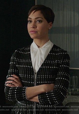 Lucca's black and white peplum jacket on The Good Fight