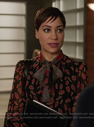 Lucca's mixed print blouse on The Good Fight