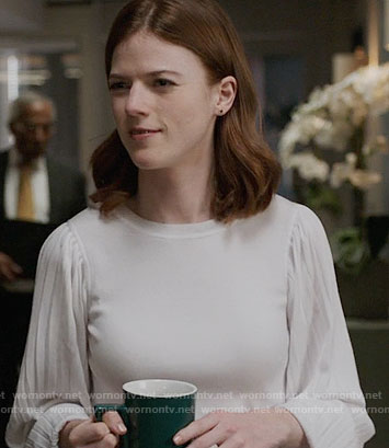 Maia's white sweater with pleated sleeves on The Good Fight