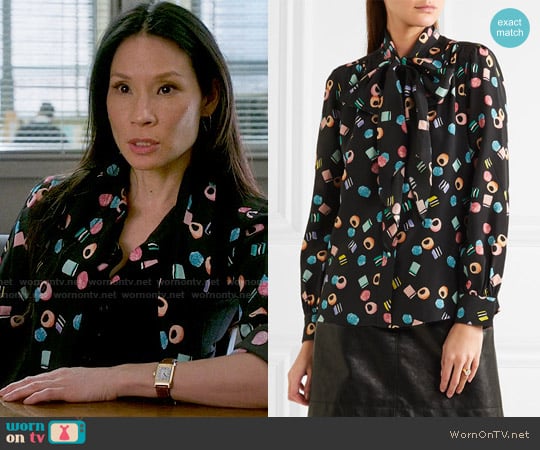 Marc Jacobs Licorice Candy Print Blouse worn by Joan Watson (Lucy Liu) on Elementary