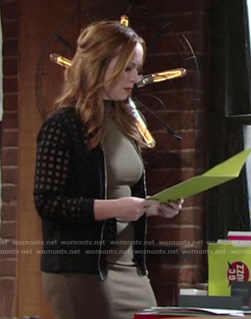 Mariah’s olive green dress and sheer checked jacket on The Young and the Restless