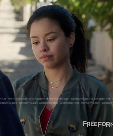 Mariana’s green embroidered bomber jacket and wedges on The Fosters