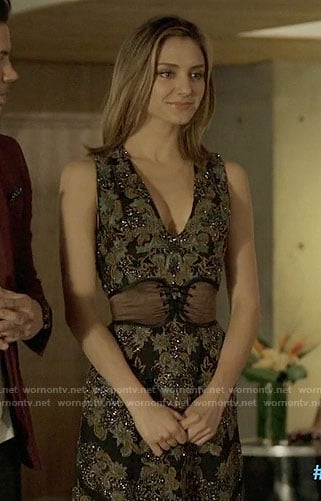 Megan’s embellished v-neck dress with corset belt on The Arrangement