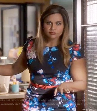 Mindy's black and blue floral cap sleeve dress on The Mindy Project
