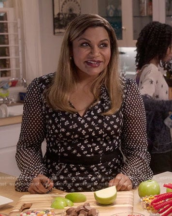 Mindy’s black floral and polka dot print dress on The Mindy Project