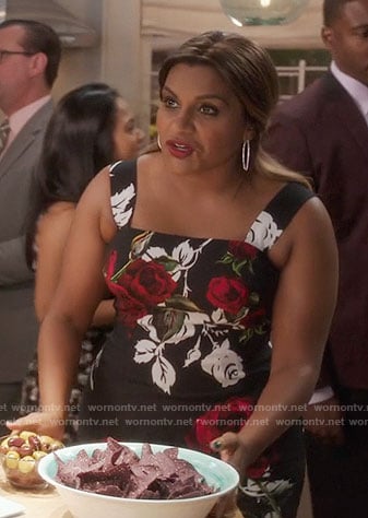 Mindy’s black rose print dress on The Mindy Project