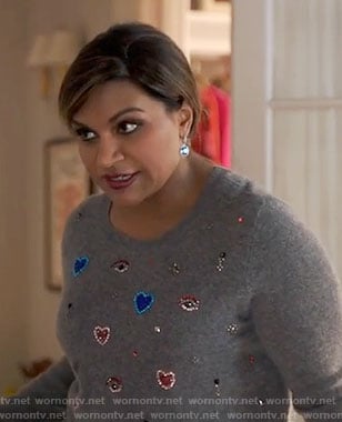 Mindy’s grey heart embellished sweater on The Mindy Project