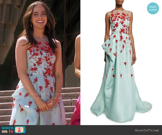 Monique Lhuillier Sleeveless Draped Illusion Gown w/Contrast Floral Appliques worn by Ivy Forrester (Ashleigh Brewer) on The Bold and the Beautiful