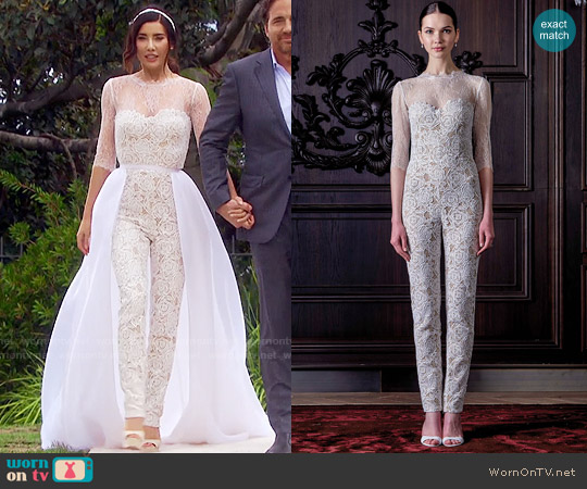 Monique Lhuillier Lacey Jumpsuit worn by Steffy Forrester (Jacqueline MacInnes Wood) on The Bold and the Beautiful