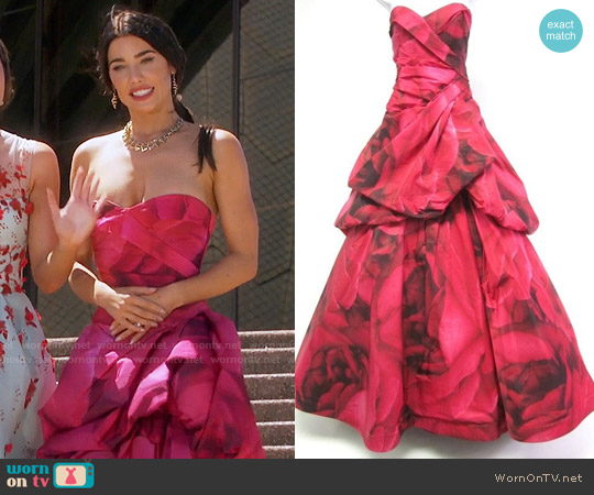 Monique Lhuillier Rose Print Taffeta Strapless Bustled Ball Gown worn by Steffy Forrester (Jacqueline MacInnes Wood) on The Bold and the Beautiful