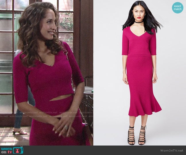 RACHEL Rachel Roy Vneck Crop Top and Midi Skirt worn by Lily Winters (Christel Khalil) on The Young and the Restless