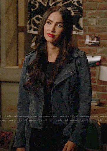 Reagan's blue suede moto jacket on New Girl