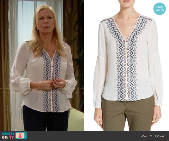 Veronica Beard Dream V-neck Embroidered Blouse worn by Brooke Logan (Katherine Kelly Lang) on The Bold and the Beautiful